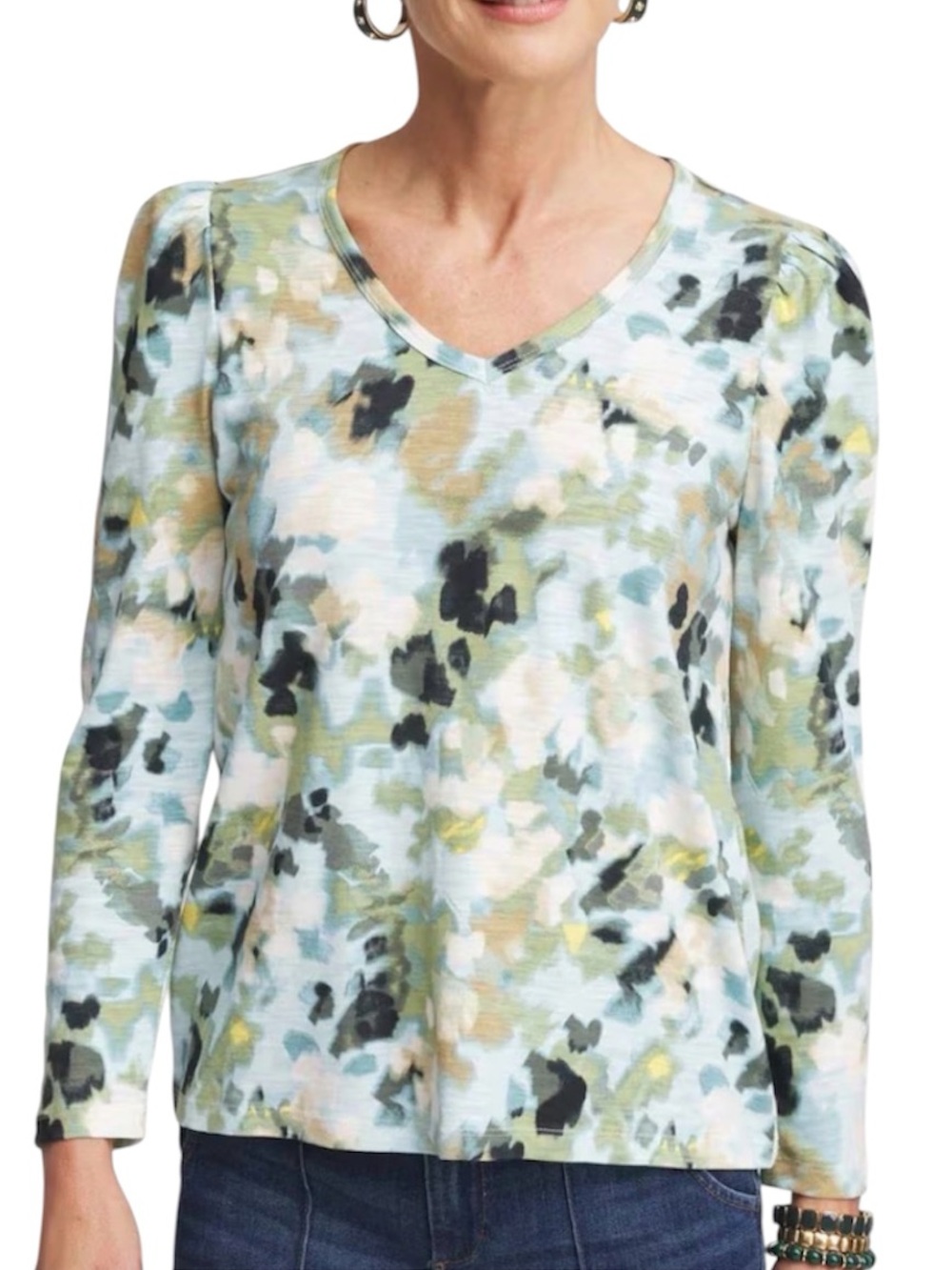 Chico’s watercolor print slub puff long sleeve top size 4 or XXL